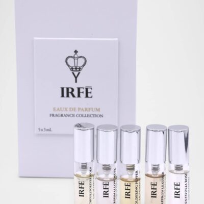 IRFĒ Discovery Set perfume collection – elegant set of five fragrances exploring feminine moods from floral to amber, celebrating timeless Parisian luxury.