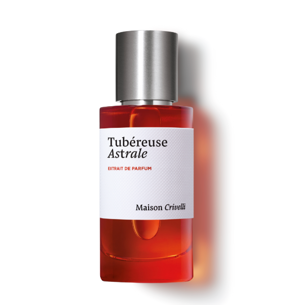 Tubereuse Astrale by Maison Crivelli perfume bottle – celestial white floral fragrance with tuberose, incense, and sandalwood evoking starlit elegance and sensuality.
