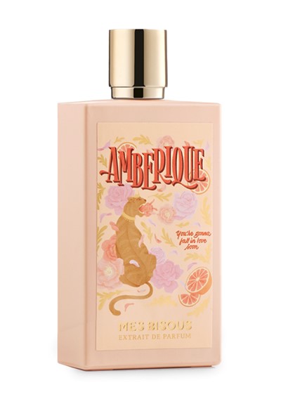 Amberique by Mes Bisous perfume bottle – radiant amber fragrance with saffron, jasmine, ambergris, and musk evoking golden warmth and refined sensuality.