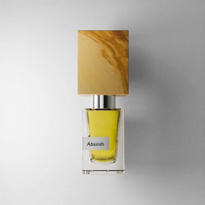 Absinth by Nasomatto perfume bottle – bold green woody fragrance with wormwood, vetiver, and musk evoking intrigue, freedom, and untamed sophistication.