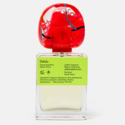 Delulu by .Oddity perfume bottle – vibrant fruity floral with rhubarb, strawberry, rose, and musk evoking youthful nostalgia and spirited dreams.