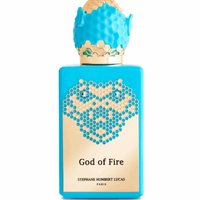God of Fire by Stéphane Humbert Lucas 777 perfume bottle – exotic amber woody fragrance with mango, ginger, and tonka bean evoking strength and luminous sensuality.