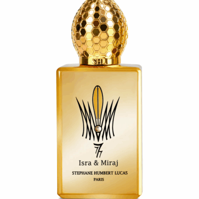 Isra & Miraj by Stéphane Humbert Lucas 777 perfume bottle – mystical amber oriental fragrance with oud, incense, and white flowers evoking spiritual elegance.